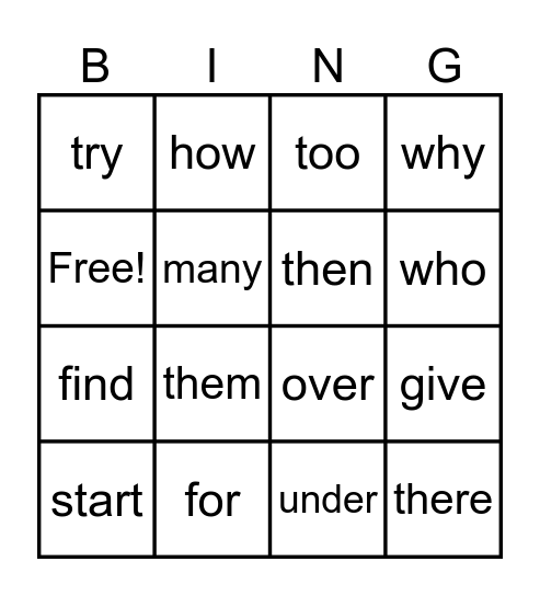 Heart Words Bingo Card