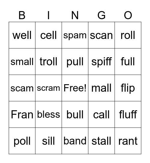 -all, -oll, -ull Bingo Card