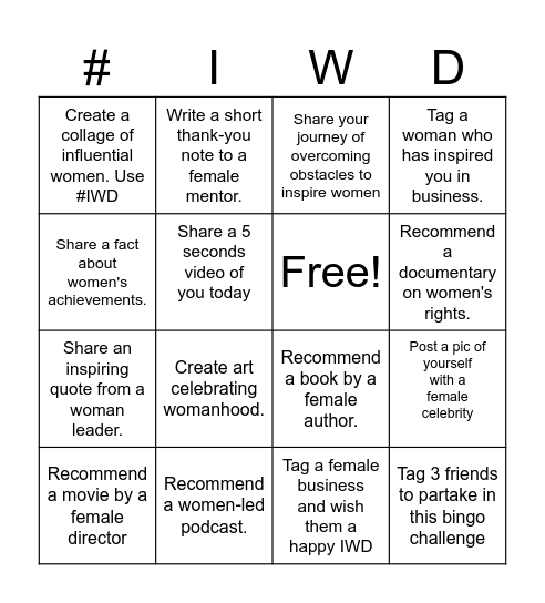 Happy IWD Bingo Challenge Bingo Card