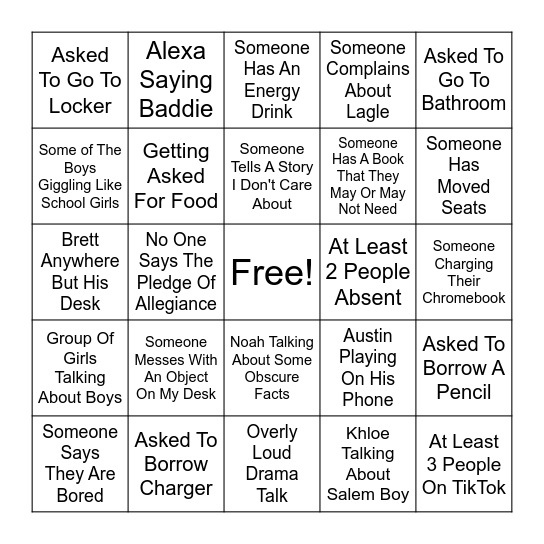 1st Period Bingo Card