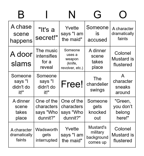 Clue Bingo Card