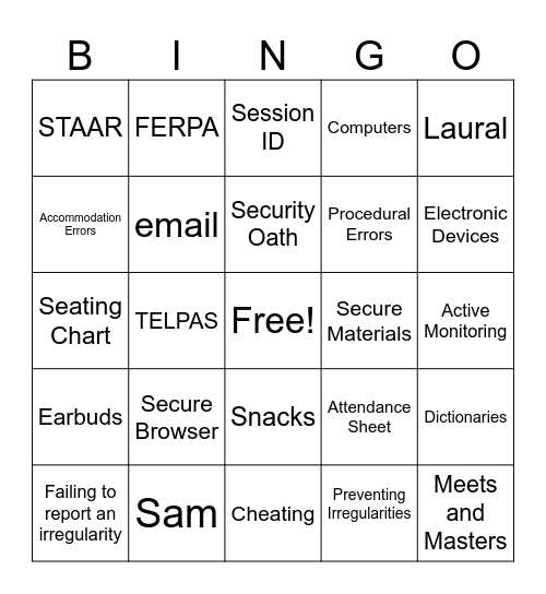 STAAR Training BINGO Card