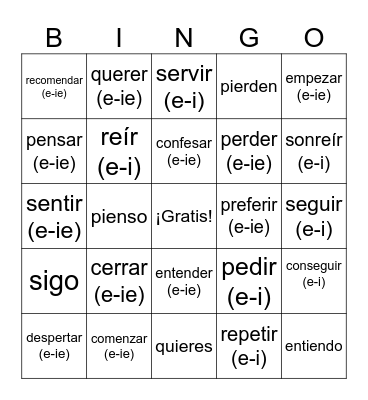 Spelling Change Verbs - Español II Bingo Card