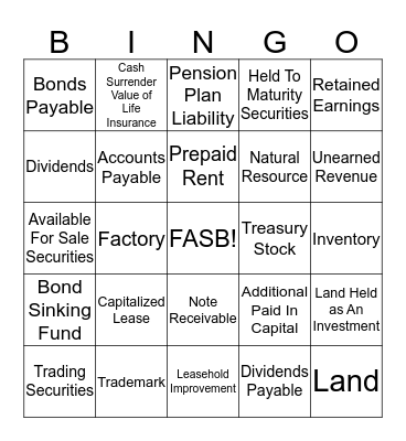 Balance Sheet Bingo Card
