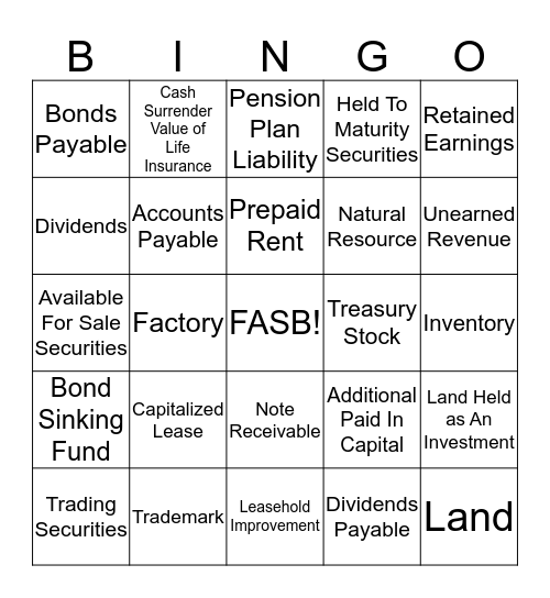 Balance Sheet Bingo Card