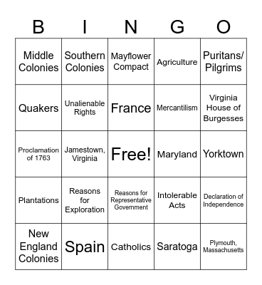 Exploration - American Revolution Bingo Card