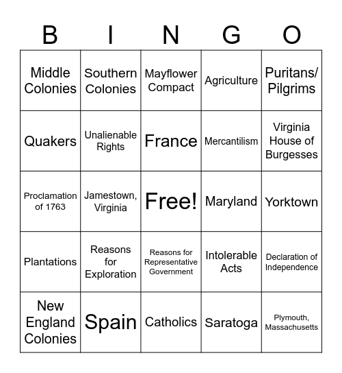 Exploration - American Revolution Bingo Card