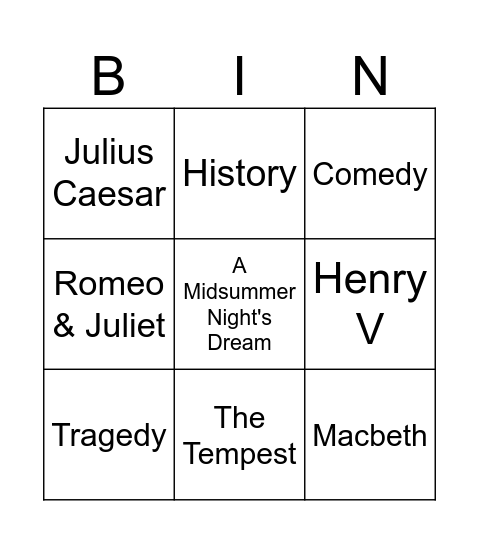 Shakespeare Genre Bingo Card