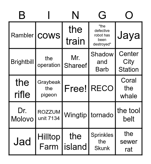 The Wild Robot Escapes Bingo Card