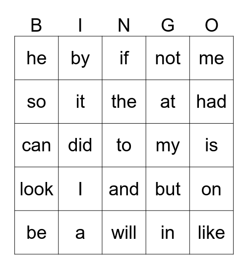 Kindergarten Words 1-25 Bingo Card