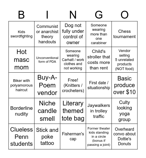 Clark Park Farmers' Market Bingo Card
