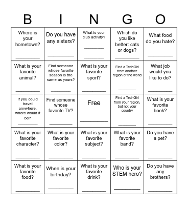 Get to know each other! Bingo Card