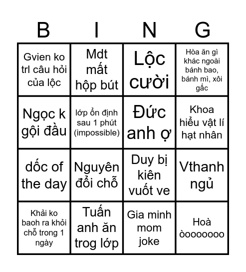 1 tuần ở 12E1 Bingo Card