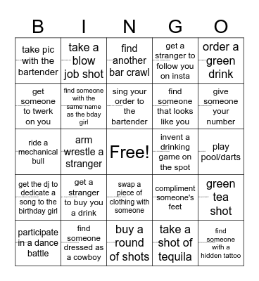 Jassy's Birthday Bar Crawl Bingo Card