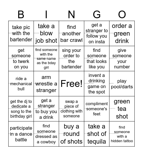 Jassy's Birthday Bar Crawl Bingo Card