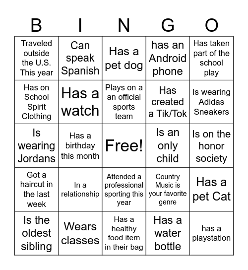 Health Class Ice Breaker Bingo Card