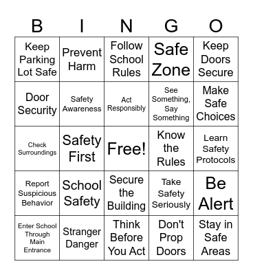 School Safety Bingo Card