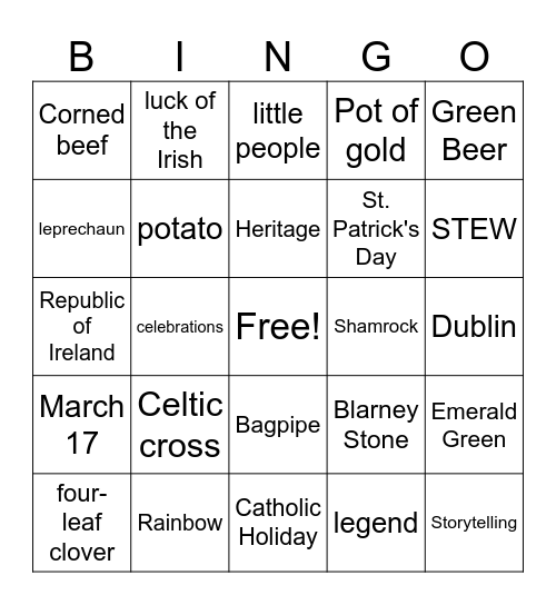 St. Patricks Bingo Card
