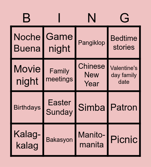 Family Traditions Bingo Card