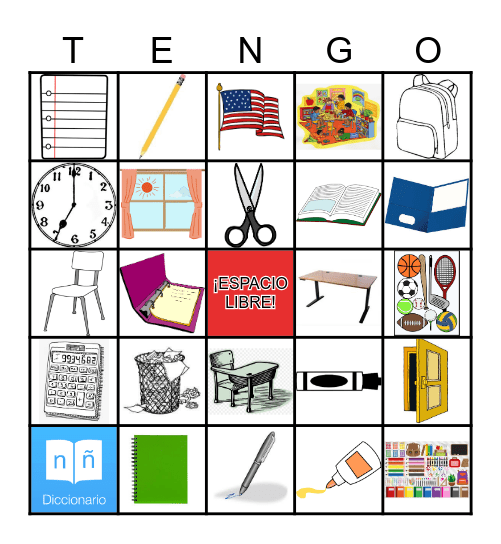 Materiales en la Clase Bingo Card