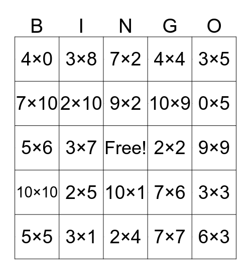 Multiplication Bingo Card