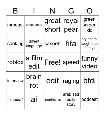 Youtube shorts bingo Card