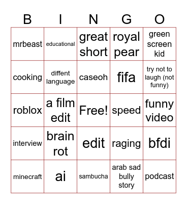 Youtube shorts bingo Card