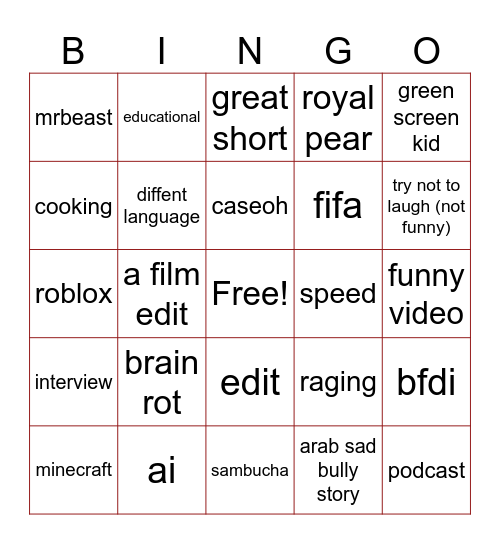 Youtube shorts bingo Card