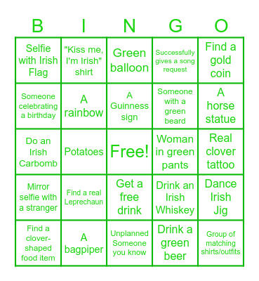 St. Patty's Bar Crawl Bingo Card