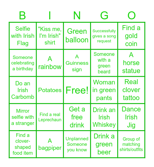 St. Patty's Bar Crawl Bingo Card