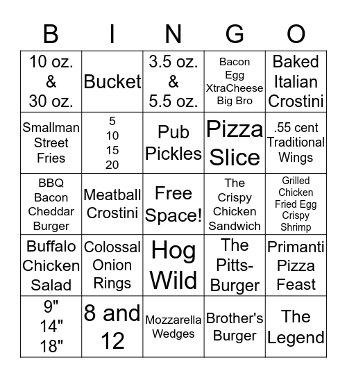 Primanti Bro's Bingo! Bingo Card