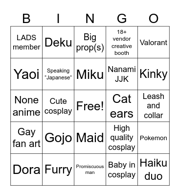 Anime convention bingo Card
