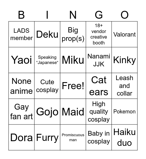 Anime convention bingo Card