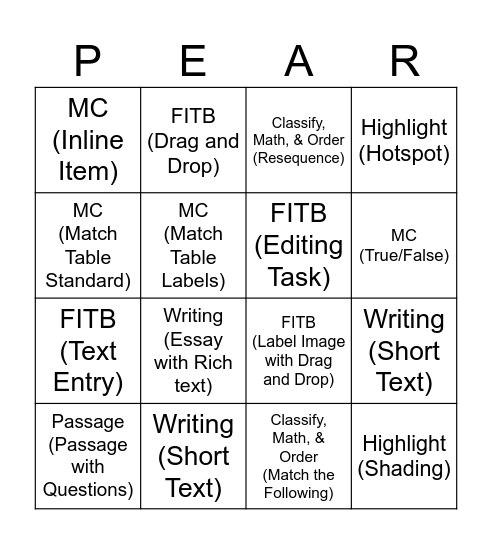 Pear Assessment Bingo Card