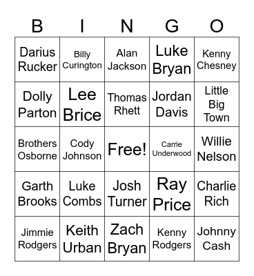 Country Artist Through the Decades Bingo Card