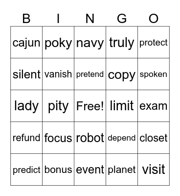 Syllable Division #1 Bingo Card