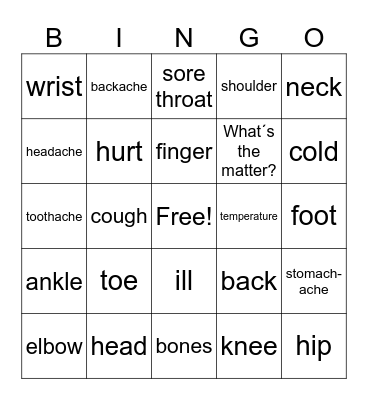 body parts and illnesses for children Bingo Card