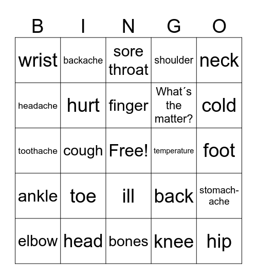 body parts and illnesses for children Bingo Card