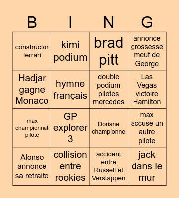 F1 2025 eloane Bingo Card