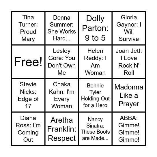 Music Bingo - Strong Women Bingo Card