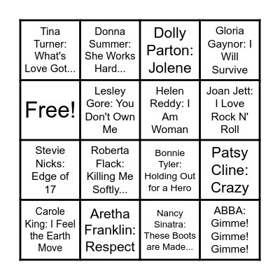 Music Bingo: Strong Women 2 Bingo Card