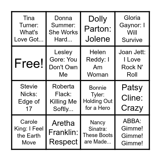Music Bingo: Strong Women 2 Bingo Card