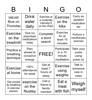 Pulmonary Rehab Week Bingo Card