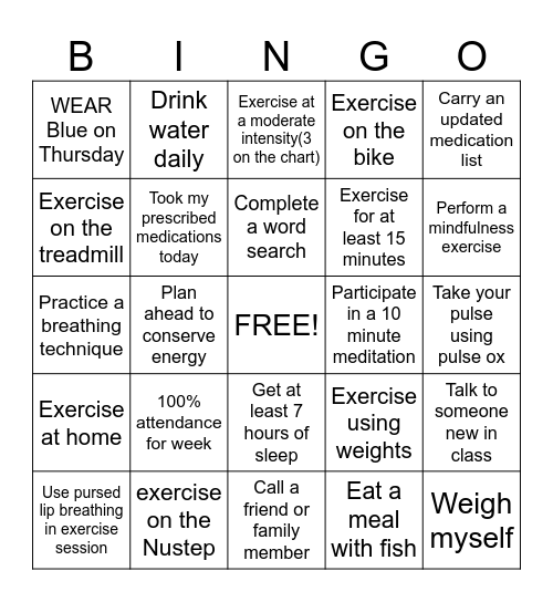 Pulmonary Rehab Week Bingo Card