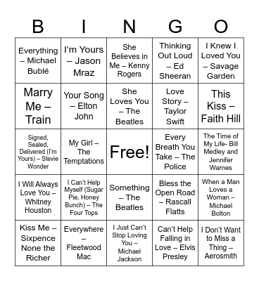 Love Song Bingo Card
