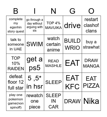 VACATION Bingo Card