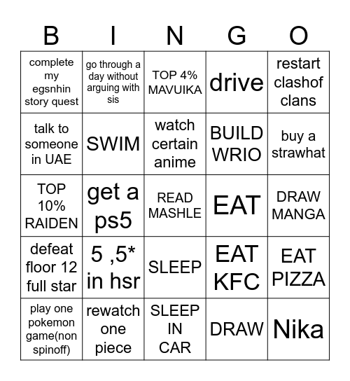 VACATION Bingo Card