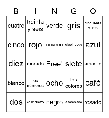 colores and numeros Bingo Card