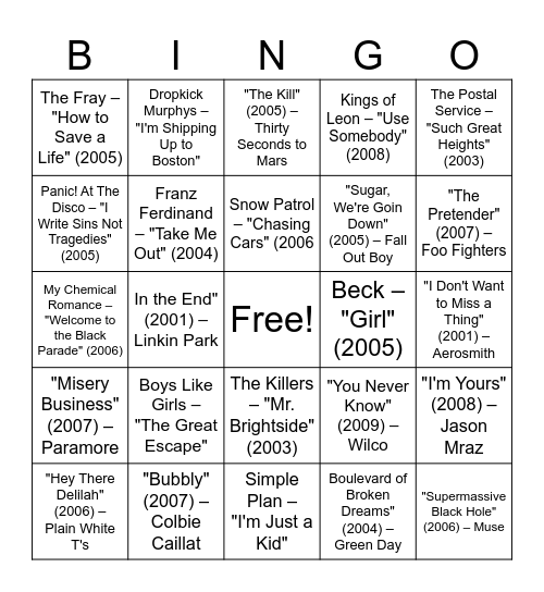 2000's Music Bingo Card