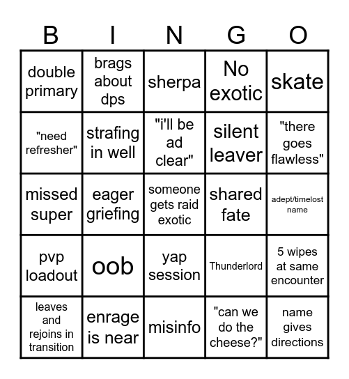 lfg bingo destiny 2 Bingo Card